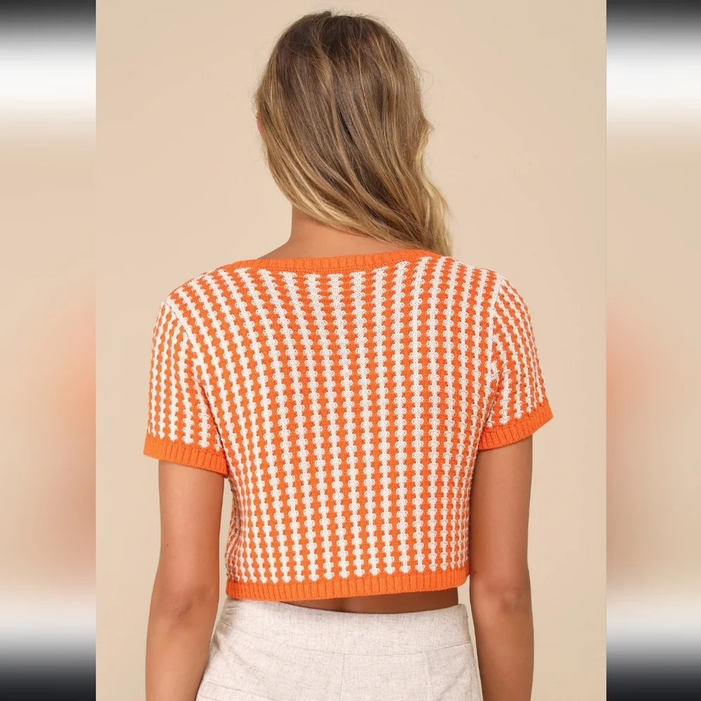 Sage The Label Orange & White Amore Lace-Up Cropped Sweater Top